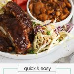 slow cooker ribs with gluten-free coleslaw, baked beans, watermelon, and potato salad