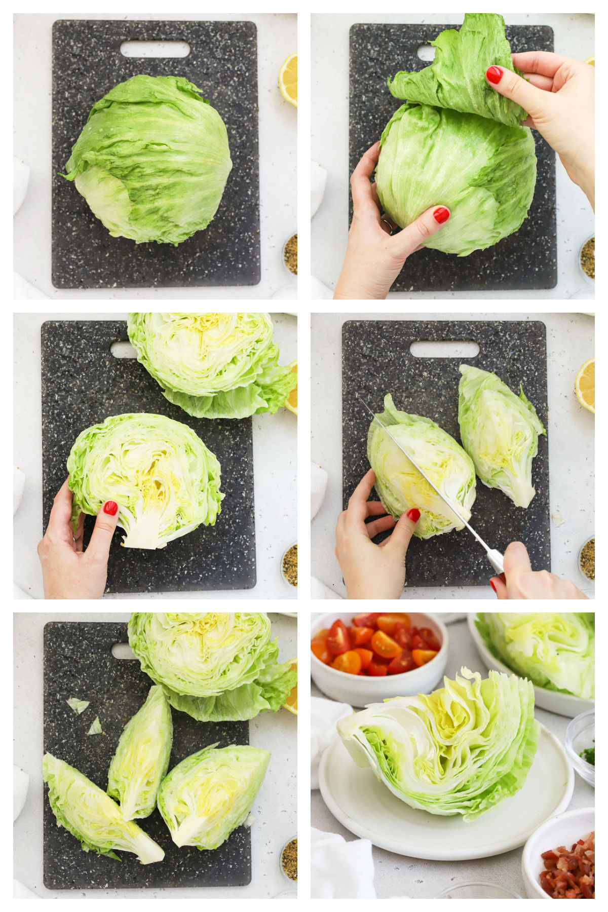 cutting lettuce into lettuce wedges for wedge salad, step by step