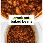 a spoon scooping baked beans out of a crock pot