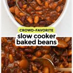 a spoon scooping baked beans out of a slow cooker
