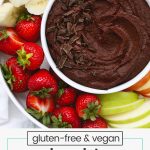 chocolate hummus with fresh fruit and pretzels