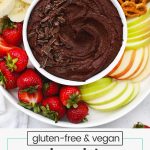 chocolate hummus with fresh fruit and pretzels
