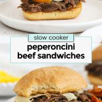 Slow cooker Italian peperoncini beef sandwiches with peperoncini stacked on a white plate