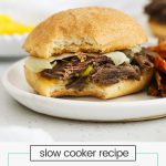 Slow cooker italian peperoncini beef sandwich on a white plate