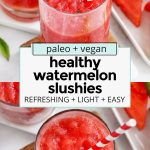 healthy watermelon slushie with a red and white striped straw