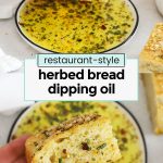 a slice of gluten-free focaccia being dipped into dipping oil with herbs