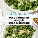 homemade arugula salad with cheese and pine nuts