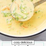 a ladle scooping gluten-free broccoli cheese soup