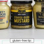 three brands of gluten-free dijon mustard lined up in a row
