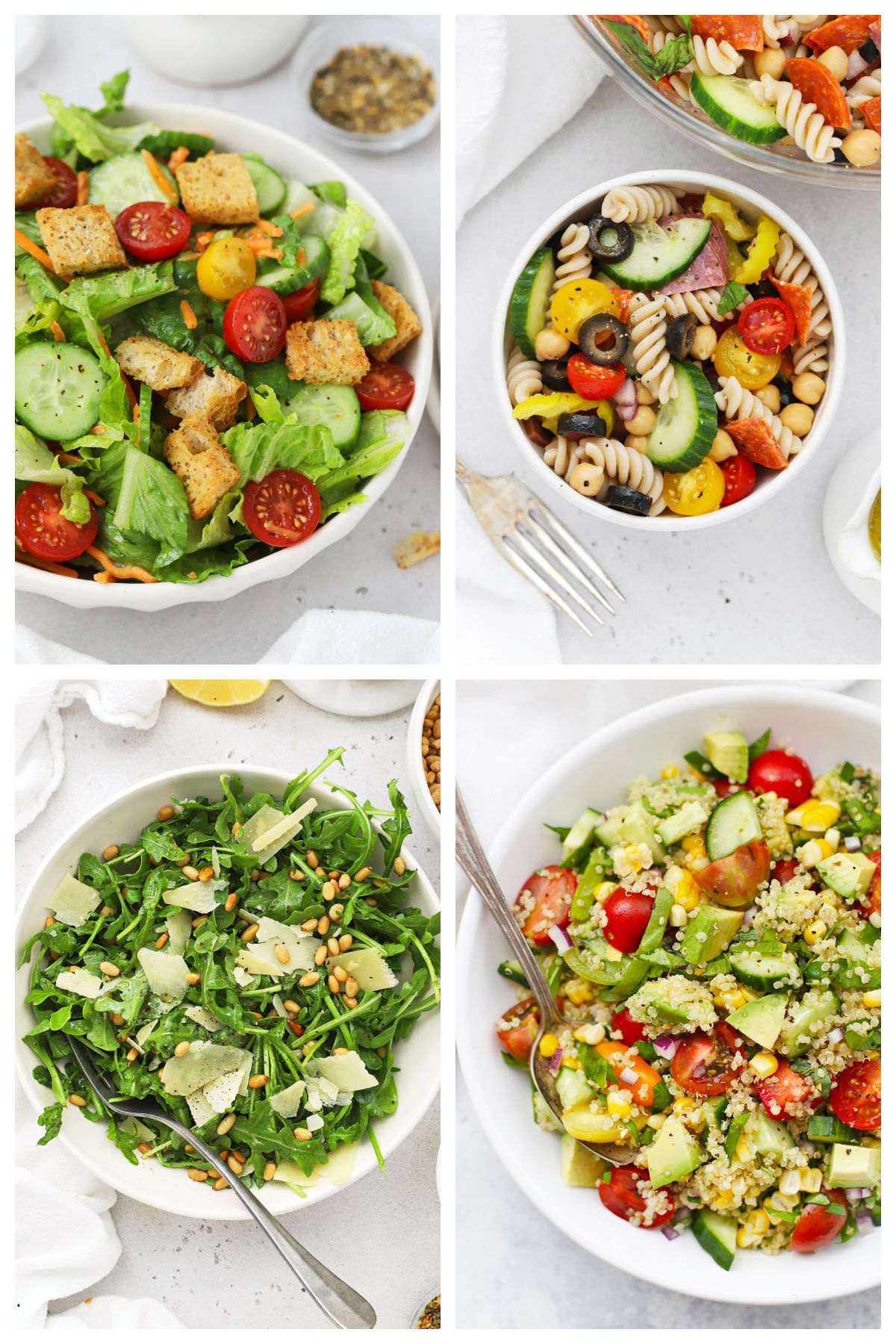 four different salads with house dressing