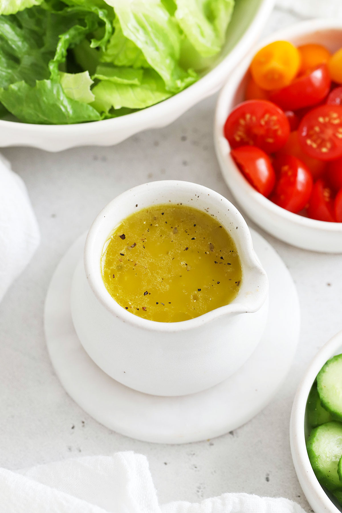 gluten-free salad dressing in a small white pitcher