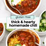 two bowls of gluten-free chili with toppings