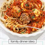 gluten-free spaghetti and meatballs on a white plate