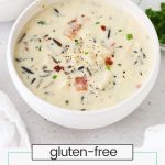 two bowls of gluten-free chicken wild rice soup with bacon