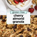 gluten-free cherry almond granola on a pan and in a white bowl with yogurt