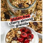 gluten-free cherry almond granola on a pan and in a white bowl with yogurt
