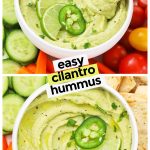 cilantro jalapeño hummus with fresh veggies and gluten-free pita chips