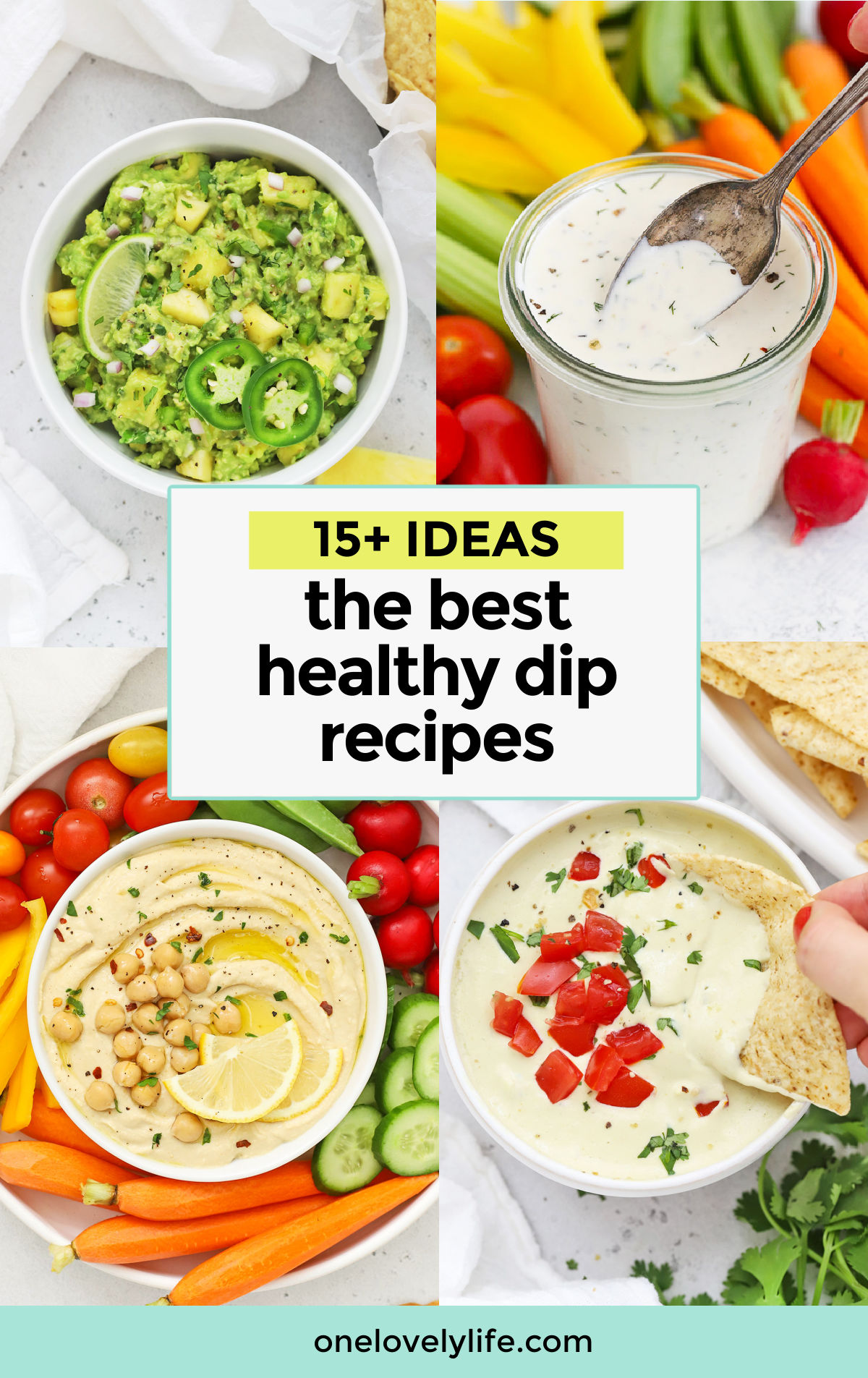 four different healthy dips on a white background