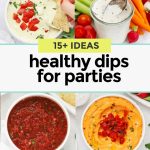 eight different healthy dips on a white background