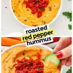 dipping a cucumber into red pepper hummus
