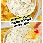 two bowls of caramelized onion dip with kettle chips