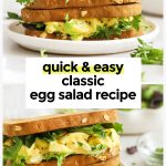 two gluten-free egg salad sandwiches stacked on a white plate