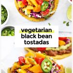 vegetarian black bean tostadas with guacamole, slaw, and mango salsa