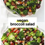 two bowls of broccoli salad with grapes, almonds, cranberries, and onions