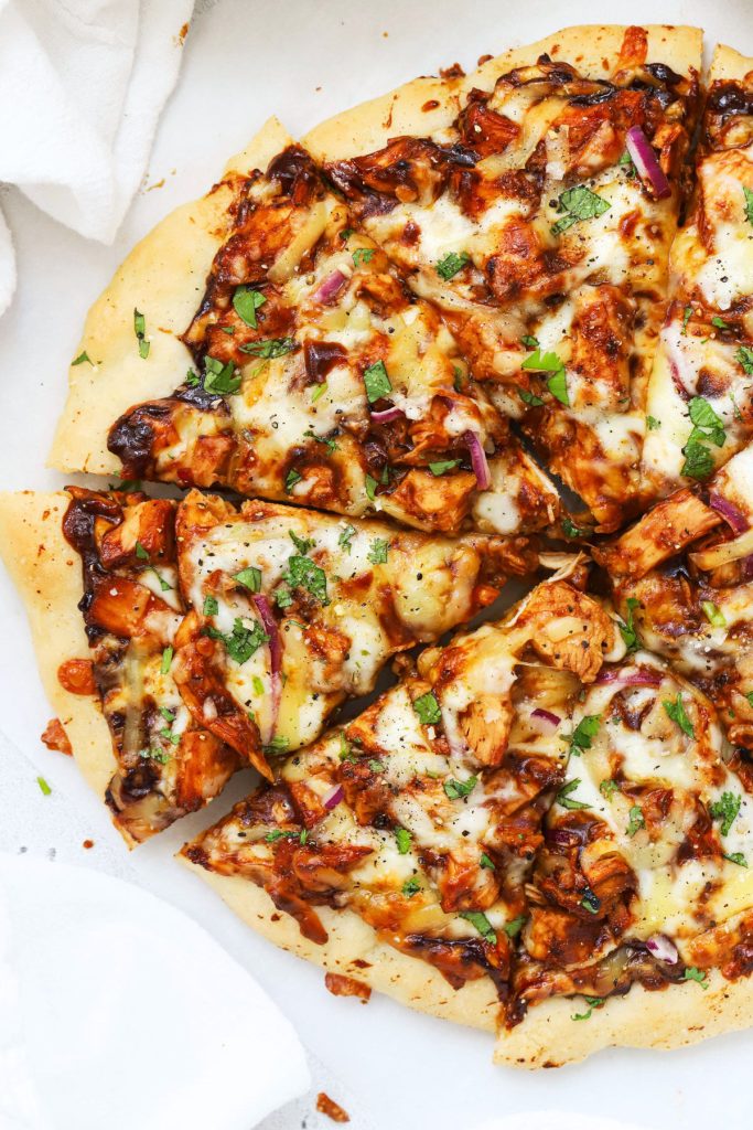 gluten-free bbq chicken pizza cut into triangles