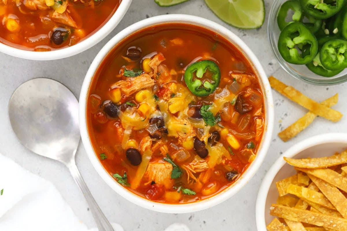 Healthy Gluten-Free Chicken Enchilada Soup (Easy Recipe!)