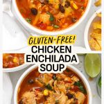 Bowls of chicken enchilada soup next to a bowl of crispy tortilla strips