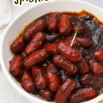 A bowl of BBQ Lil Smokies with sticky BBQ glaze