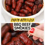 Picking up BBQ Lil Smokies from a bowl with a toothpick