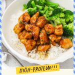 A bowl of honey garlic chicken, rice, and broccoli