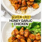Bowls of sticky honey garlic chicken stir fry over rice and broccoli