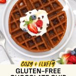 A plate of gluten-free chocolate chip waffles topped with whipped cream and fresh berries