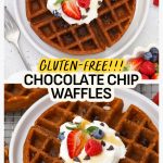Pouring syrup over gluten-free chocolate chip waffles