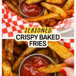 A basked of golden brown seasoned oven fries with a cup of ketchup