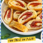 A white serving platter of gluten-free stromboli filled with deli meats and mozzarella cheese