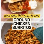 Holding a gluten-free ground chicken burrito cut in half