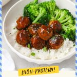 A bowl of teriyaki chicken meatballs, rice, and broccoli