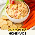 Dipping a gluten-free cracker into a bowl of pimento cheese dip