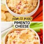 A cracker dipped into a bowl of homemade pimento cheese