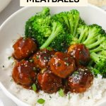 Gluten-free chicken teriyaki meatballs on a bed of white rice with steamed broccoli