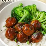 Gluten-Free Chicken Teriyaki Meatballs served with jasmine rice and steamed broccoli