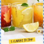 glasses of raspberry, lemon, and peach ginger lemonade next to a pitcher of lemonade