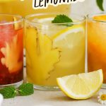 glasses of raspberry, lemon, and peach ginger lemonade next to a pitcher of lemonade