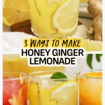 glasses of raspberry, lemon, and peach ginger lemonade next to a pitcher of lemonade