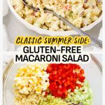 A serving bowl of gluten-free macaroni salad before and after mixing