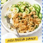 Peanut Chicken Bowls made with seasoned ground chicken, peanut sauce, jasmine rice, cucumber salad, and crushed peanuts